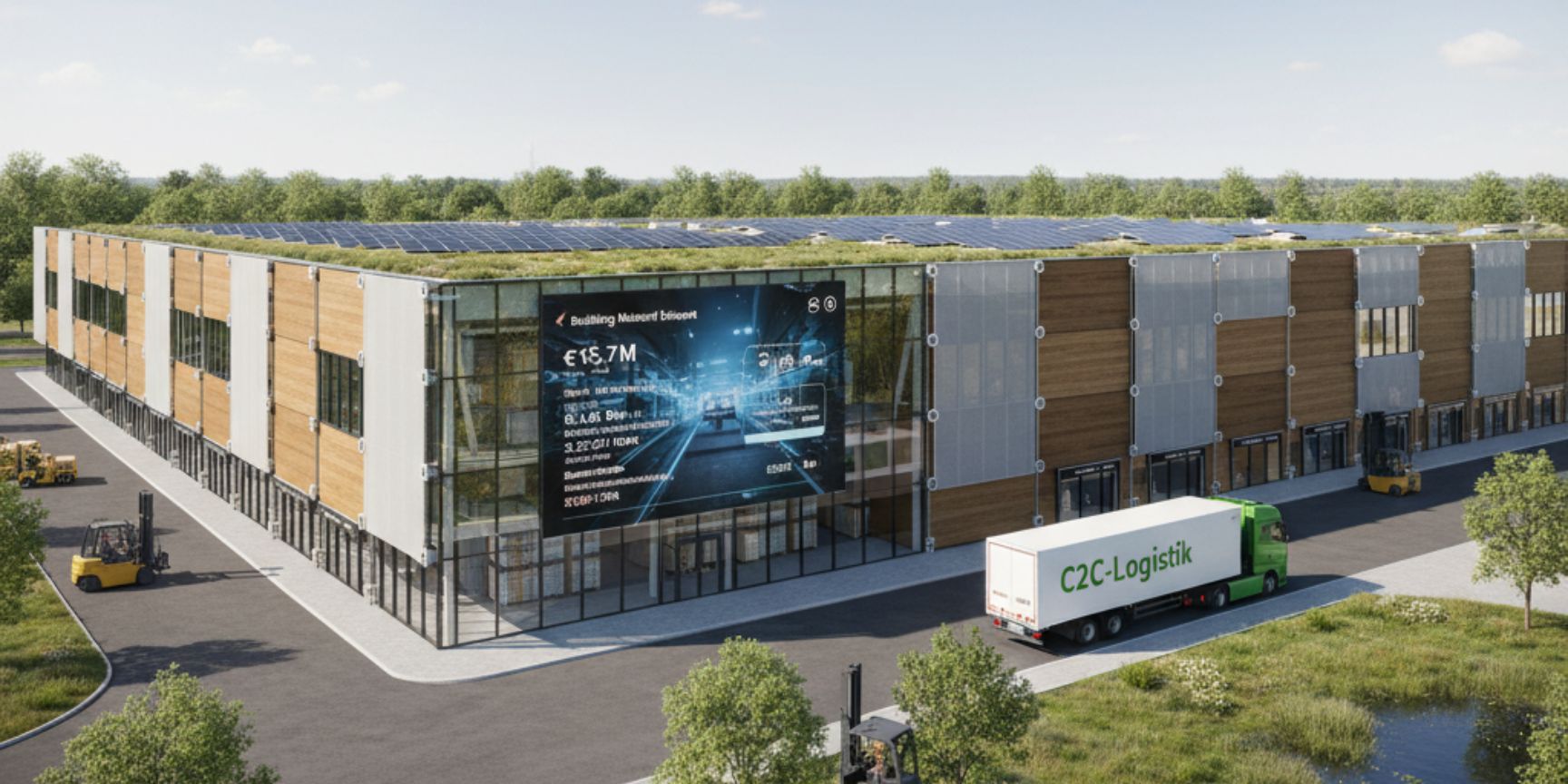 Draufsicht auf eine moderne, nachhaltige Logistikimmobilie im Cradle-to-Cradle (C2C) Design. Das Gebäude hat ein begrüntes Dach mit Solarpaneelen und Fassaden aus Holz- und Glaselementen. Vor dem Gebäude steht ein LKW mit der Aufschrift 'C2C-Logistik'. An der Glasfassade ist eine digitale Anzeige mit Informationen zum 'Building Material Passport' und zum Wert der verbauten Materialien zu sehen. Mehrere Gabelstapler sind auf dem Hof aktiv. Im Hintergrund sind Bäume und ein kleiner Teich sichtbar, die eine natürliche Umgebung schaffen